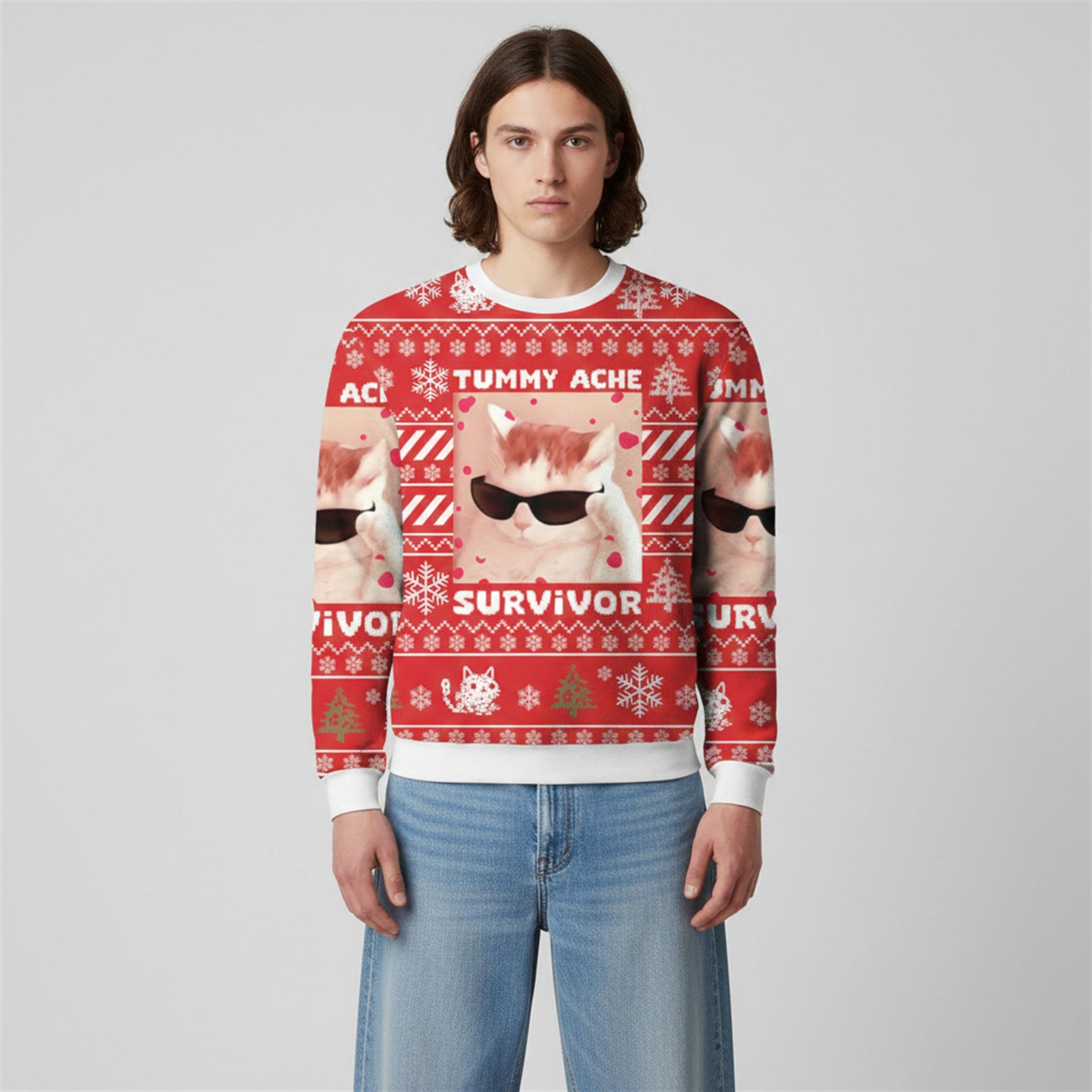 2026 Tummy Ache Survivor Funny Cat Meme Ugly Christmas Sweater - Moonbestprint