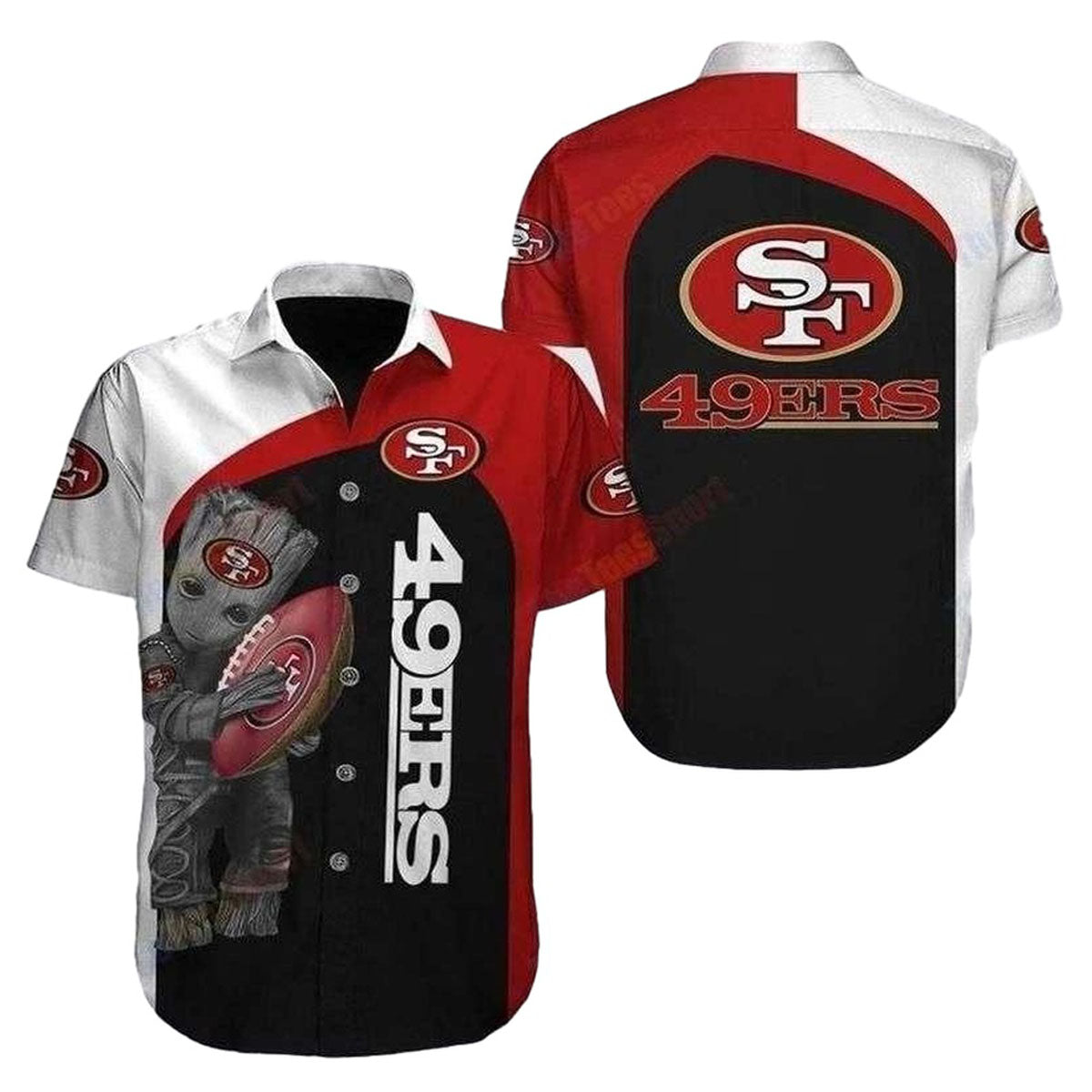 49ers Baby Groot Hug Logo Hawaiian Shirt - Moonbestprint