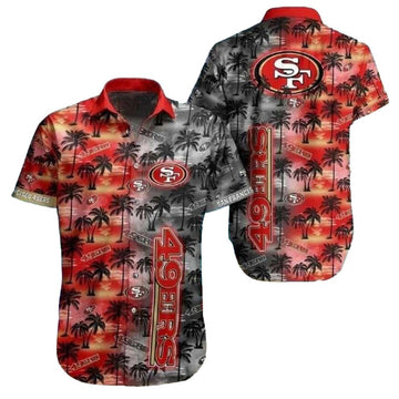 49ers Beachside Twilight Black And Red Sunset Palms Hawaiian Shirt - Moonbestprint