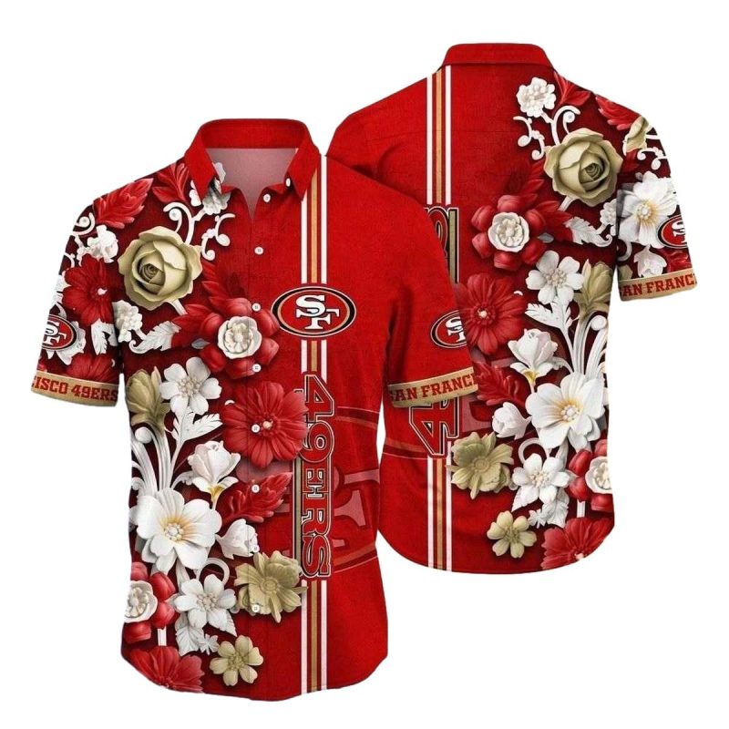49ers Bold Florals And Stripes Hawaiian Shirt - Moonbestprint