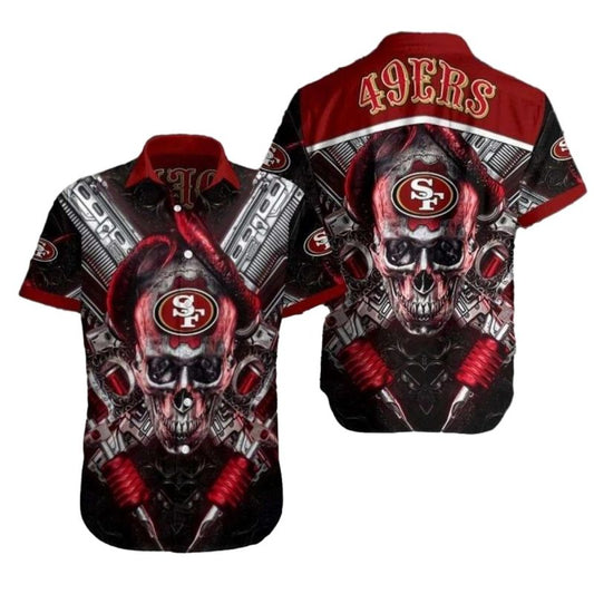 49ers Cybernetic Skull Red Crimson Hawaiian Shirt - Moonbestprint