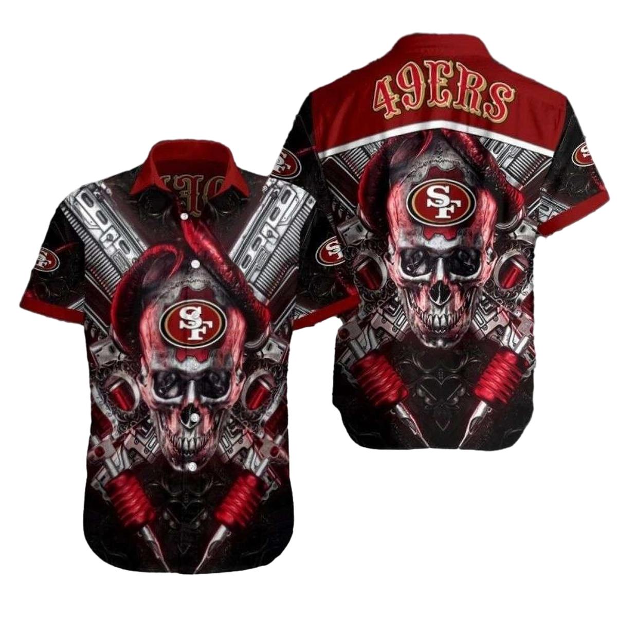 49ers Cybernetic Skull Red Crimson Hawaiian Shirt - Moonbestprint
