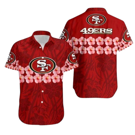 49ers Hibiscus Stripe Bold Team Logo Hawaiian Shirt - Moonbestprint