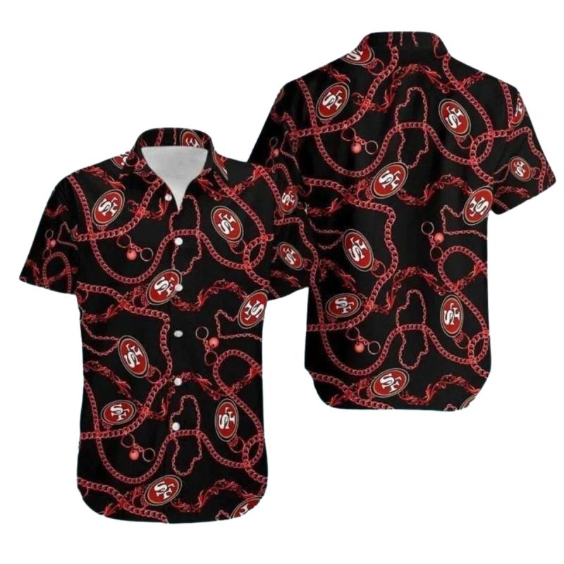 49ers Logo And Chain Black Pattern Hawaiian Shirt - Moonbestprint