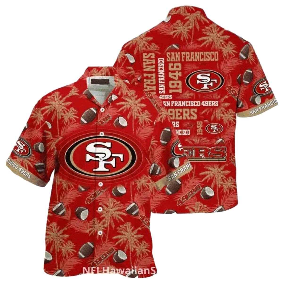 49ers Logo And Coconut Palm Tree Pattern Hawaiian Shirt - Moonbestprint
