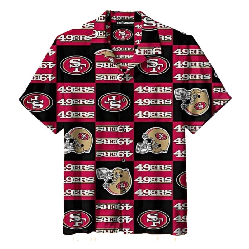 49ers Logo And Helmet Black Hawaiian Shirt - Moonbestprint