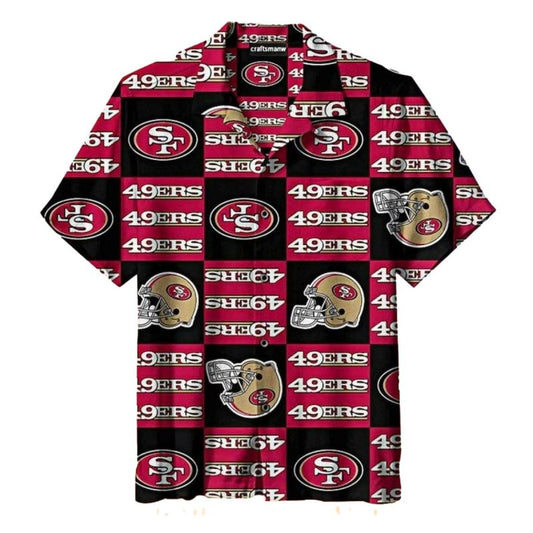 49ers Logo And Helmet Black Hawaiian Shirt - Moonbestprint
