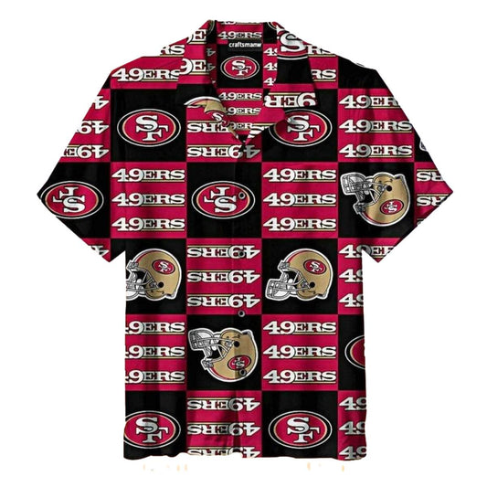 49ers Logo And Helmet Black Hawaiian Shirt - Moonbestprint