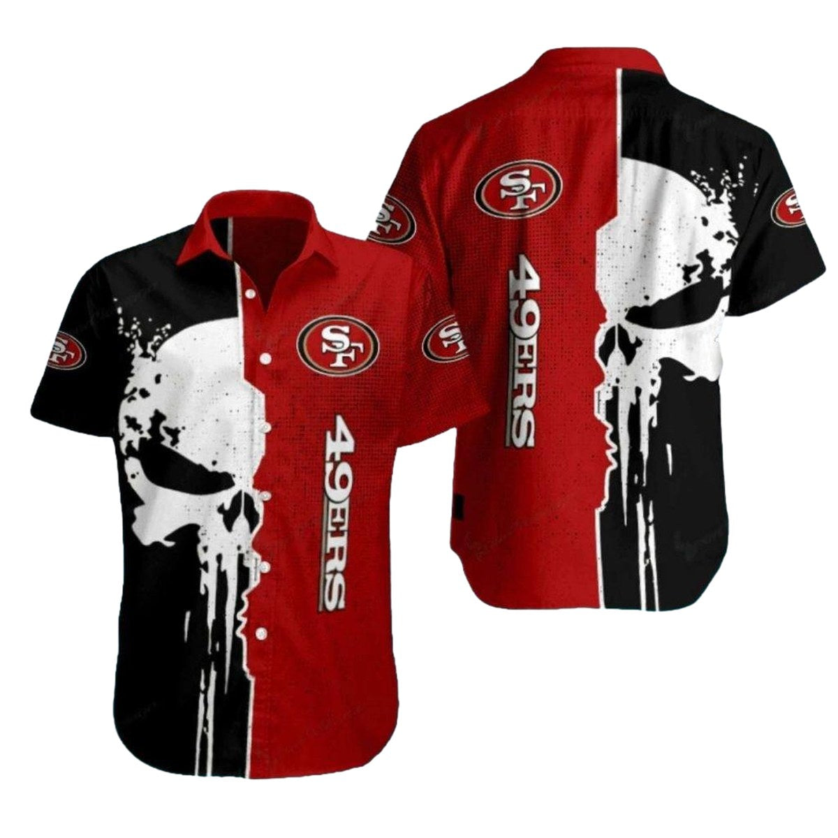 49ers Logo And Skull Punisher Black Red Hawaiian Shirt - Moonbestprint