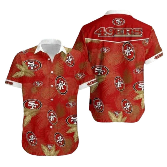 49ers Logo Red And Gold Palm Leaves Pattern Hawaiian Shirt - Moonbestprint