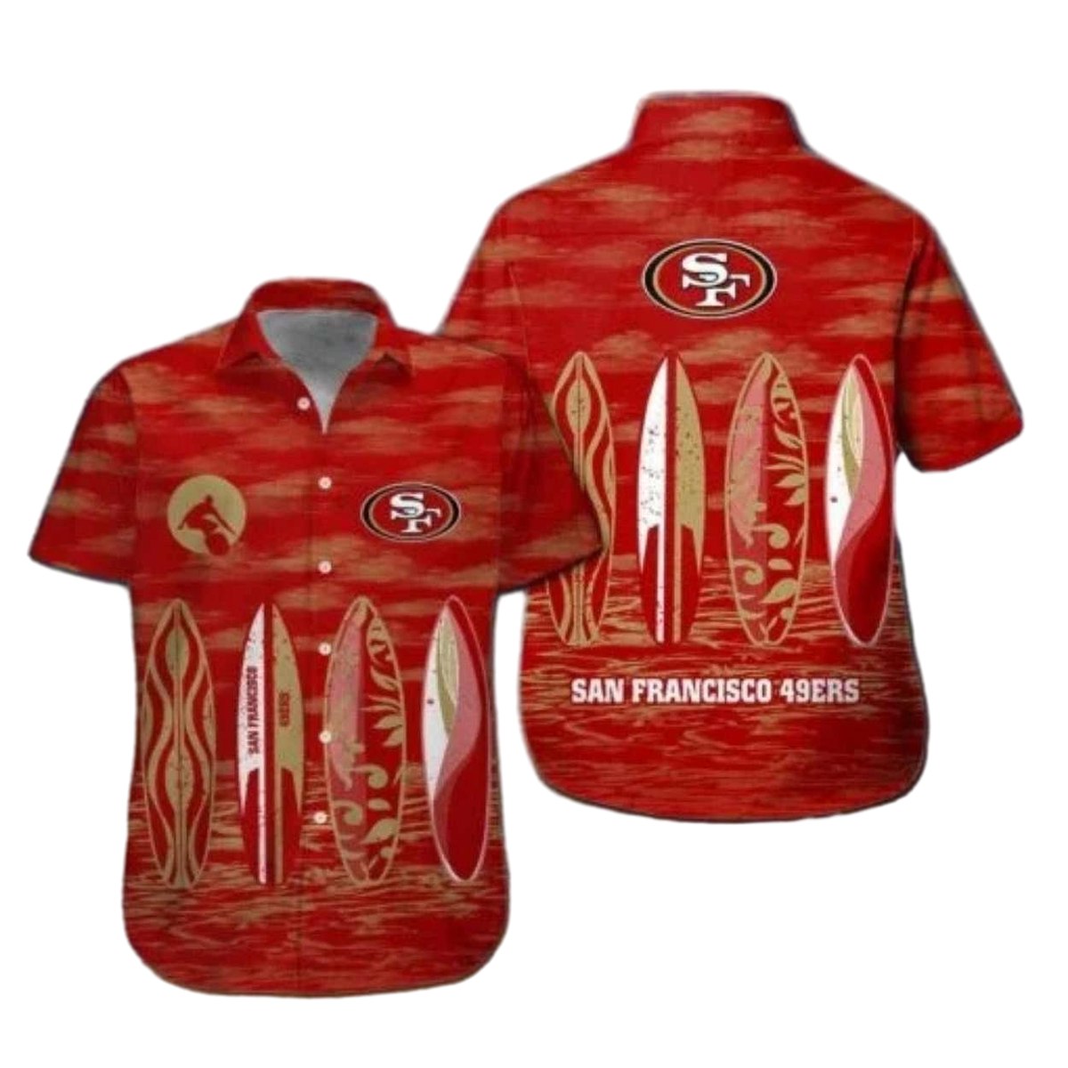 49ers Logo Red With Surfboard Beach Hawaiian Shirt - Moonbestprint