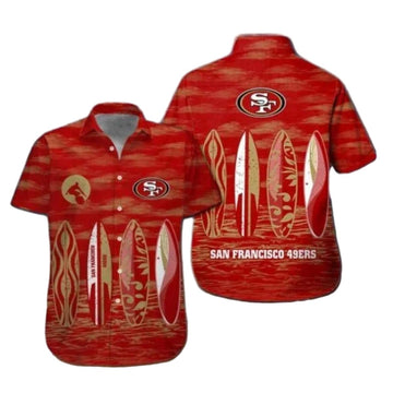 49ers Logo Red With Surfboard Beach Hawaiian Shirt - Moonbestprint