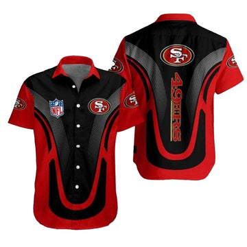 49ers Logo Swoosh Red Black Wave Hawaiian Shirt - Moonbestprint