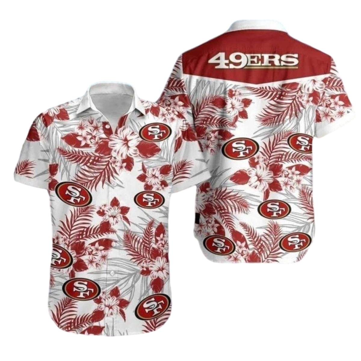 49ers Logo White And Red Floral Palm Pattern Hawaiian Shirt - Moonbestprint