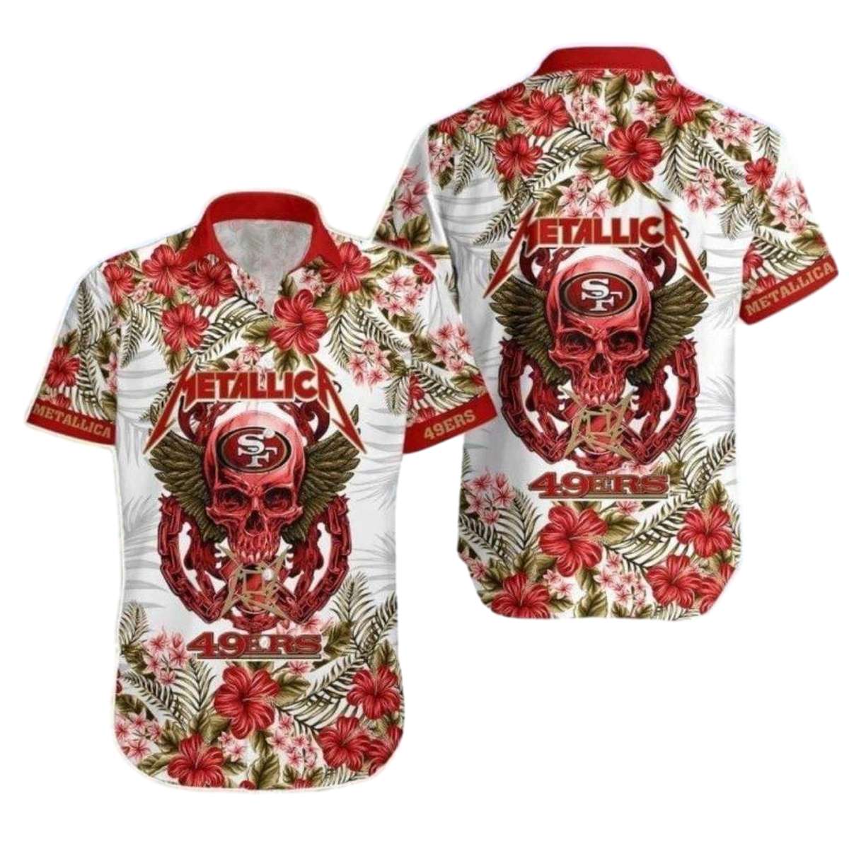 49ers Metal Skull And Floral Hawaiian Shirt - Moonbestprint