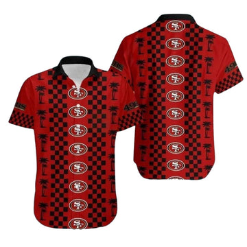 49ers Logo Black And Red Checkered Pattern Hawaiian Shirt - Moonbestprint