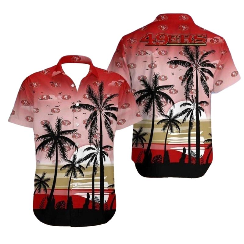 49ers Multi Logo Black Palm Tree Sunset Design Hawaiian Shirt - Moonbestprint