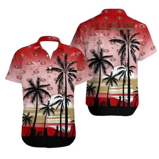 49ers Multi Logo Black Palm Tree Sunset Design Hawaiian Shirt - Moonbestprint