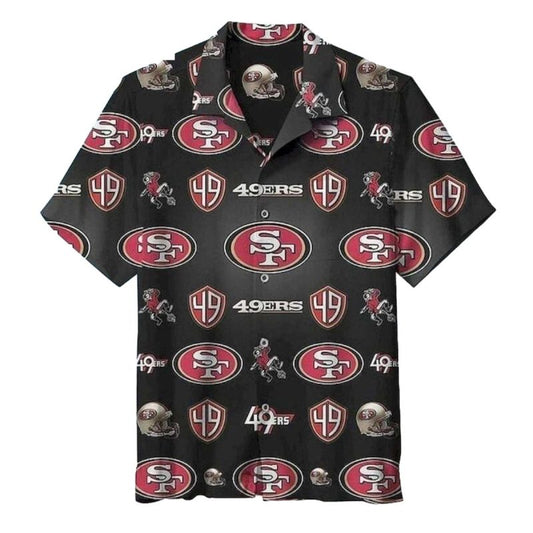 49ers Multi Logo Helmet And Mascot Funny Black Hawaiian Shirt - Moonbestprint