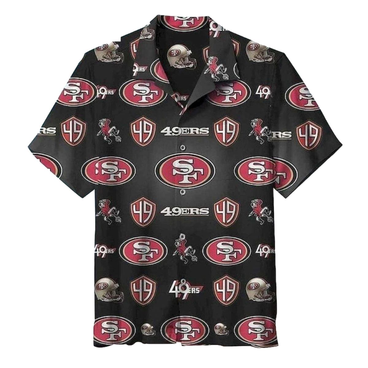 49ers Multi Logo Helmet And Mascot Funny Black Hawaiian Shirt - Moonbestprint
