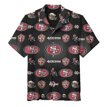 49ers Multi Logo Helmet And Mascot Funny Black Hawaiian Shirt - Moonbestprint