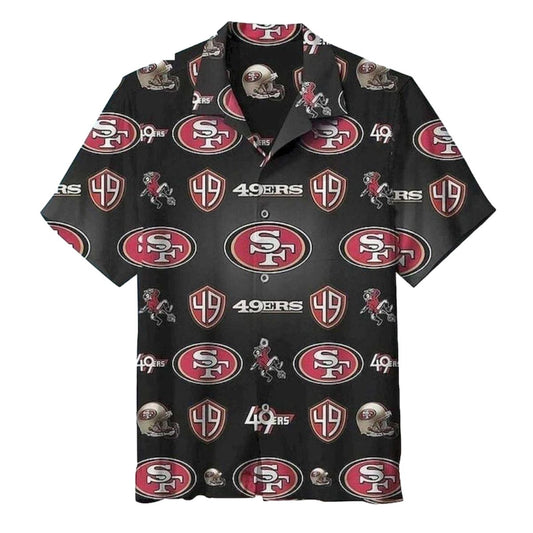 49ers Multi Logo Helmet And Mascot Funny Black Hawaiian Shirt - Moonbestprint