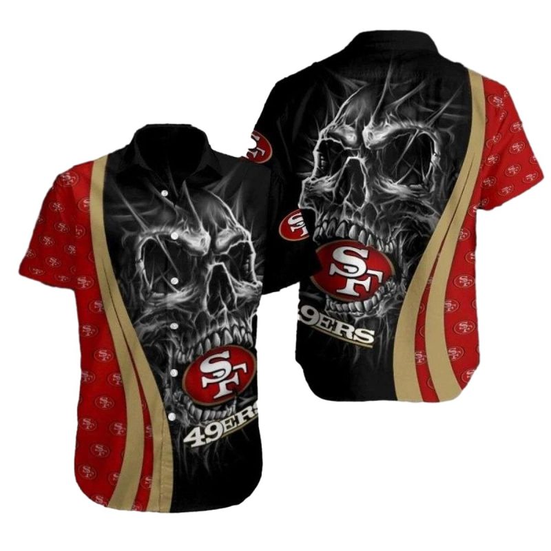 49ers Niners Skull Red Gold Hawaiian Shirt - Moonbestprint