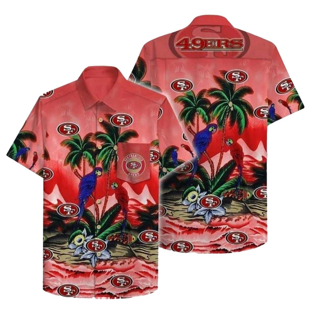 49ers Logo With Parrot Red And Green Tropical Hawaiian Shirt - Moonbestprint