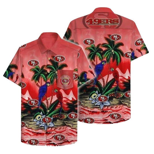 49ers Logo With Parrot Red And Green Tropical Hawaiian Shirt - Moonbestprint