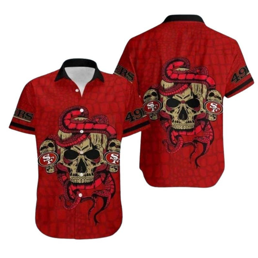 49ers Red Skull And Snake Fierce Design Hawaiian Shirt - Moonbestprint