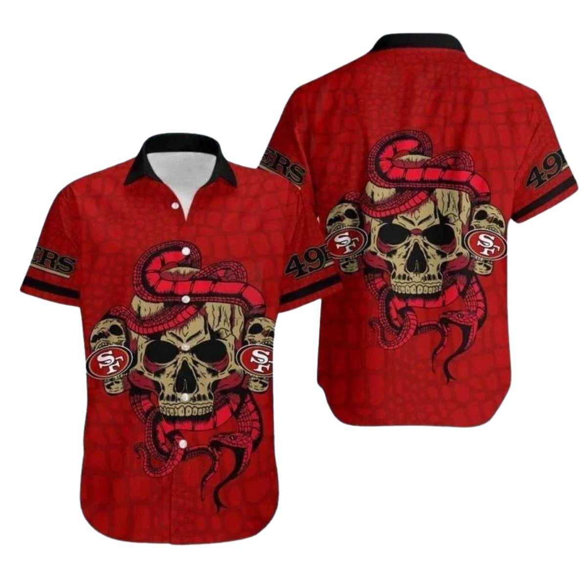 49ers Red Skull And Snake Fierce Design Hawaiian Shirt - Moonbestprint