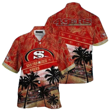49ers Tiki Sunset Red Palms Hawaiian Shirt - Moonbestprint