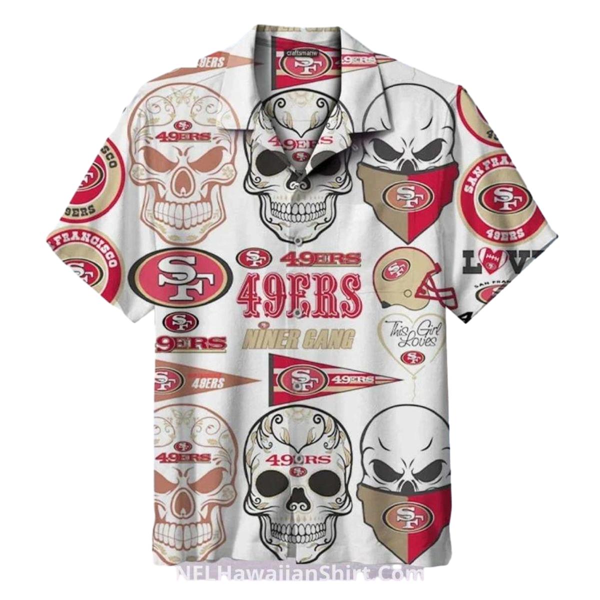 49ers White Skull And Football Graphics Hawaiian Shirt - Moonbestprint