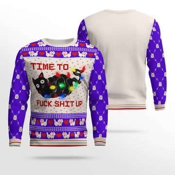 Time to Fuck Shit up Cat Ugly Christmas Sweater Blue – Moonbestprint