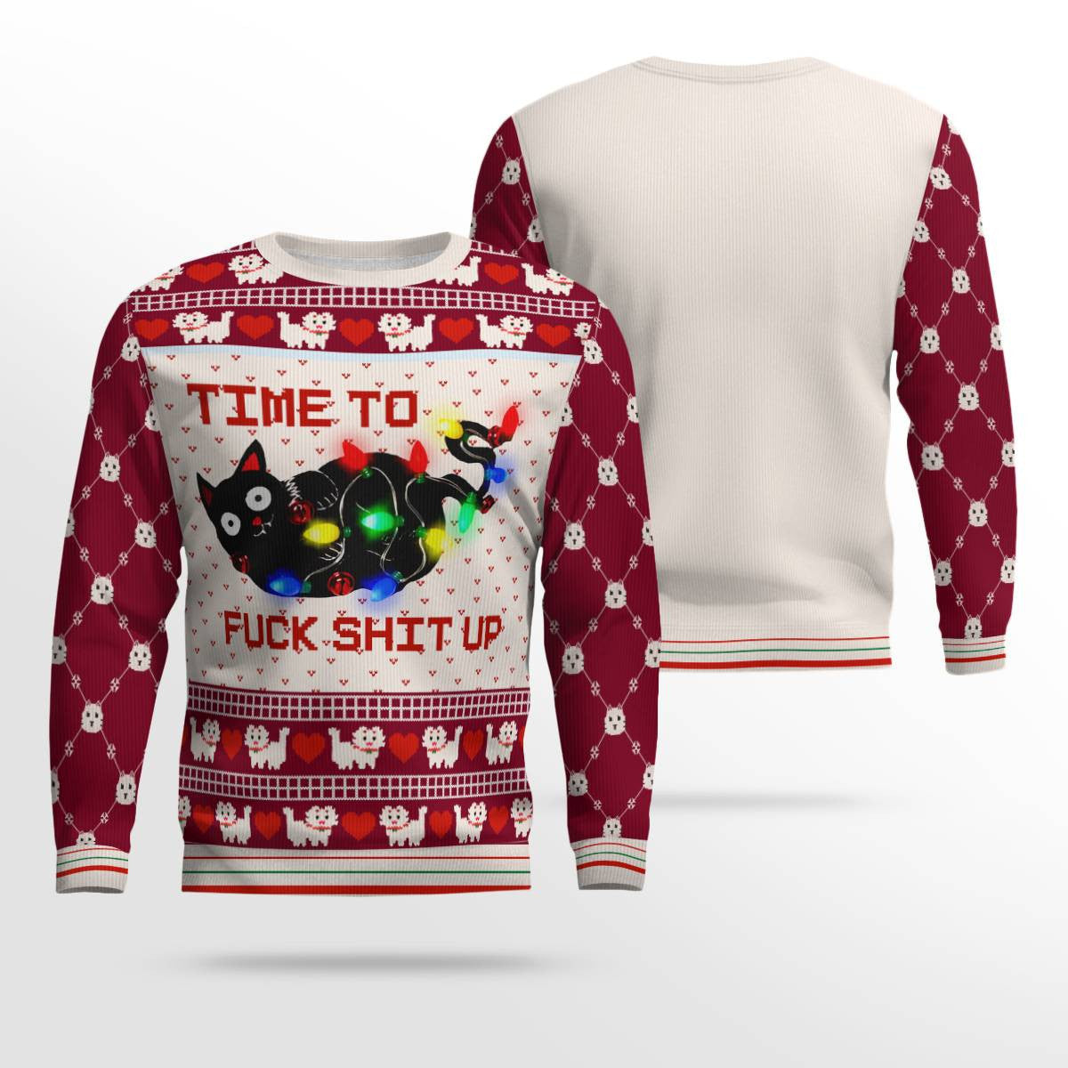 Time to Fuck Shit up Cat Ugly Christmas Sweater Burgundy – Moonbestprint