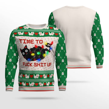 Time to Fuck Shit up Cat Ugly Christmas Sweater Green – Moonbestprint