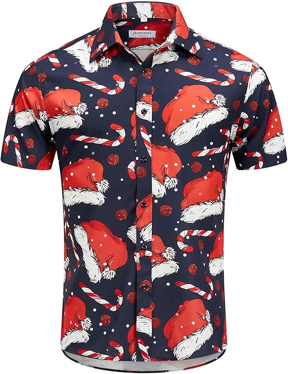 2025 Christmas Hawaiian Shirt – Santa Hat Print Button Down Holiday Shirt – Moonbestprint