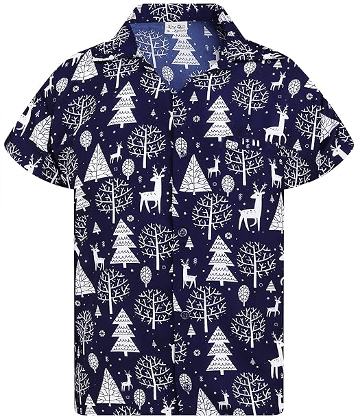 2025 Christmas Santa Tree and Reindeer Hawaiian Shirt Blue – Moonbestprint