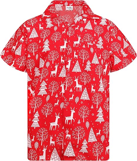 2026 Christmas Santa Tree and Reindeer Hawaiian Shirt Red - Moonbestprint