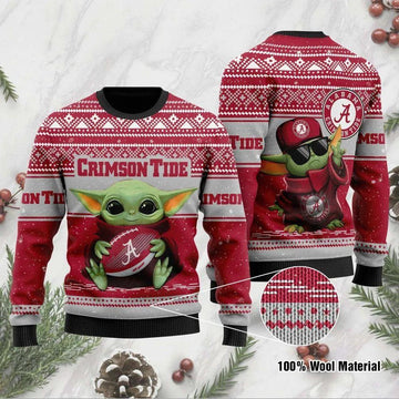 Alabama Crimson Tide Grogu Baby Yoda Hug Logo Ugly Christmas Sweater, NCAA Christmas Sweater Moonbestprint