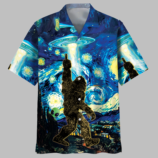 Alien Stalk Bigfoot In A Starry Night Hawaiian Shirt - Moonbestprint