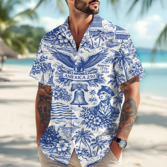 America 250th Anniversary Toile De Jouy Style Patriotic Hawaii Shirt, 250th Anniversary Gift Moonbestprint