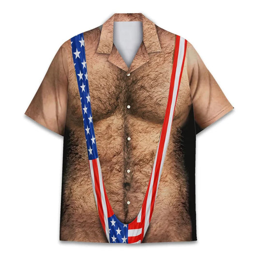 American Flag Chest Hair Illusion Funny Hawaiian Shirt Moonbestprint
