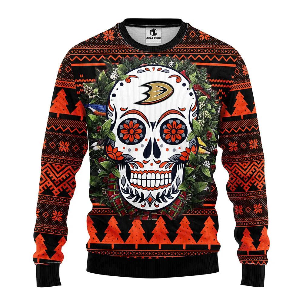 Anaheim Ducks Skull Flower Ugly Christmas Sweater, NHL Christmas Sweater Moonbestprint