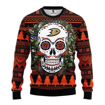 Anaheim Ducks Skull Flower Ugly Christmas Sweater, NHL Christmas Sweater Moonbestprint
