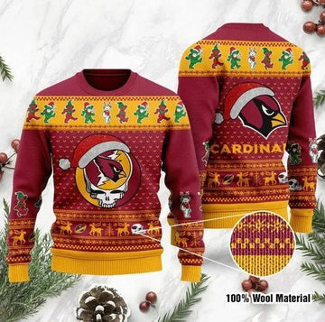 Arizona Cardinals Grateful Dead SKull And Bears Custom Name NFL Football Christmas Ugly Sweater, NFL Christmas Sweater Moonbestprint