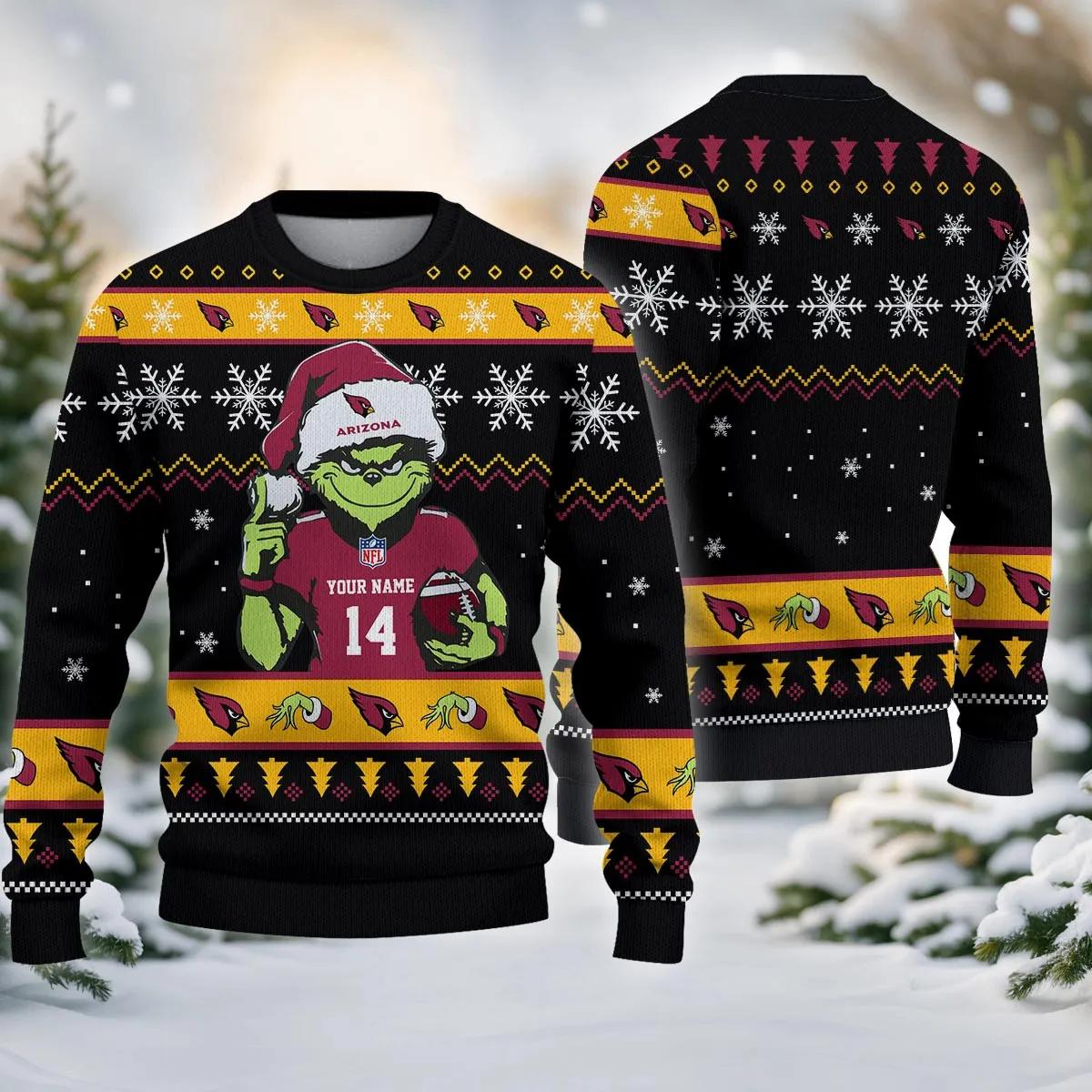 Arizona Cardinals Grinch Custom Ugly Christmas Sweater, NFL Christmas Sweater Moonbestprint