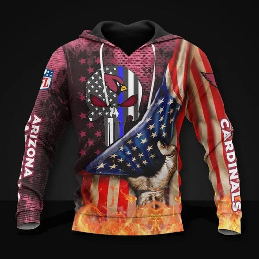 Arizona Cardinals Skull American Flag All Over Print Hoodie, NFL Hoodie Moonbestprint