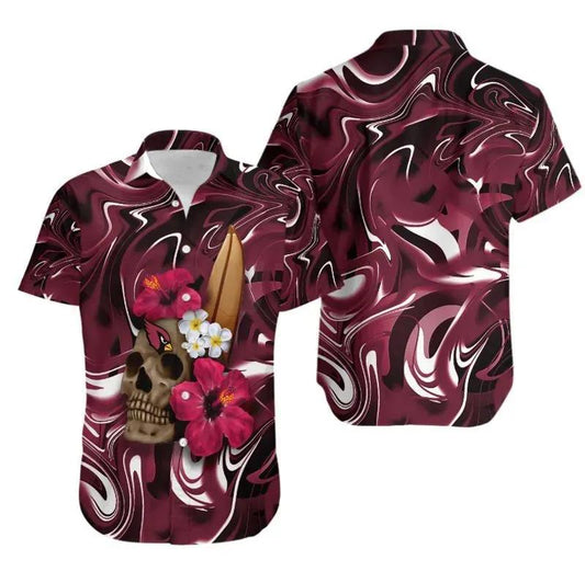 Arizona Cardinals Skull And Hibiscus Flower Nfl Gift For Fan Hawaii Shirt And Shorts Summer Collection, NFL Hawaiian Shirt Moonbestprint