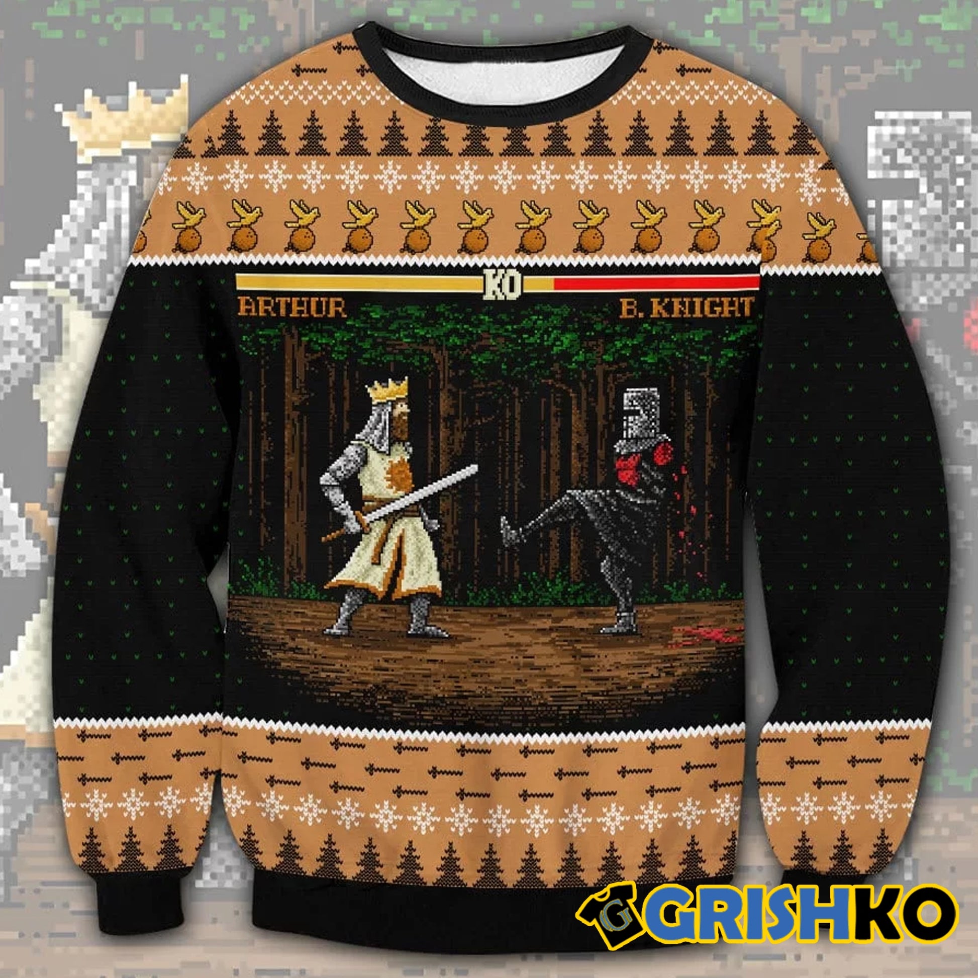 Arthur vs Black Knight Pixel Monty Python Christmas Sweater - Moonbestprint
